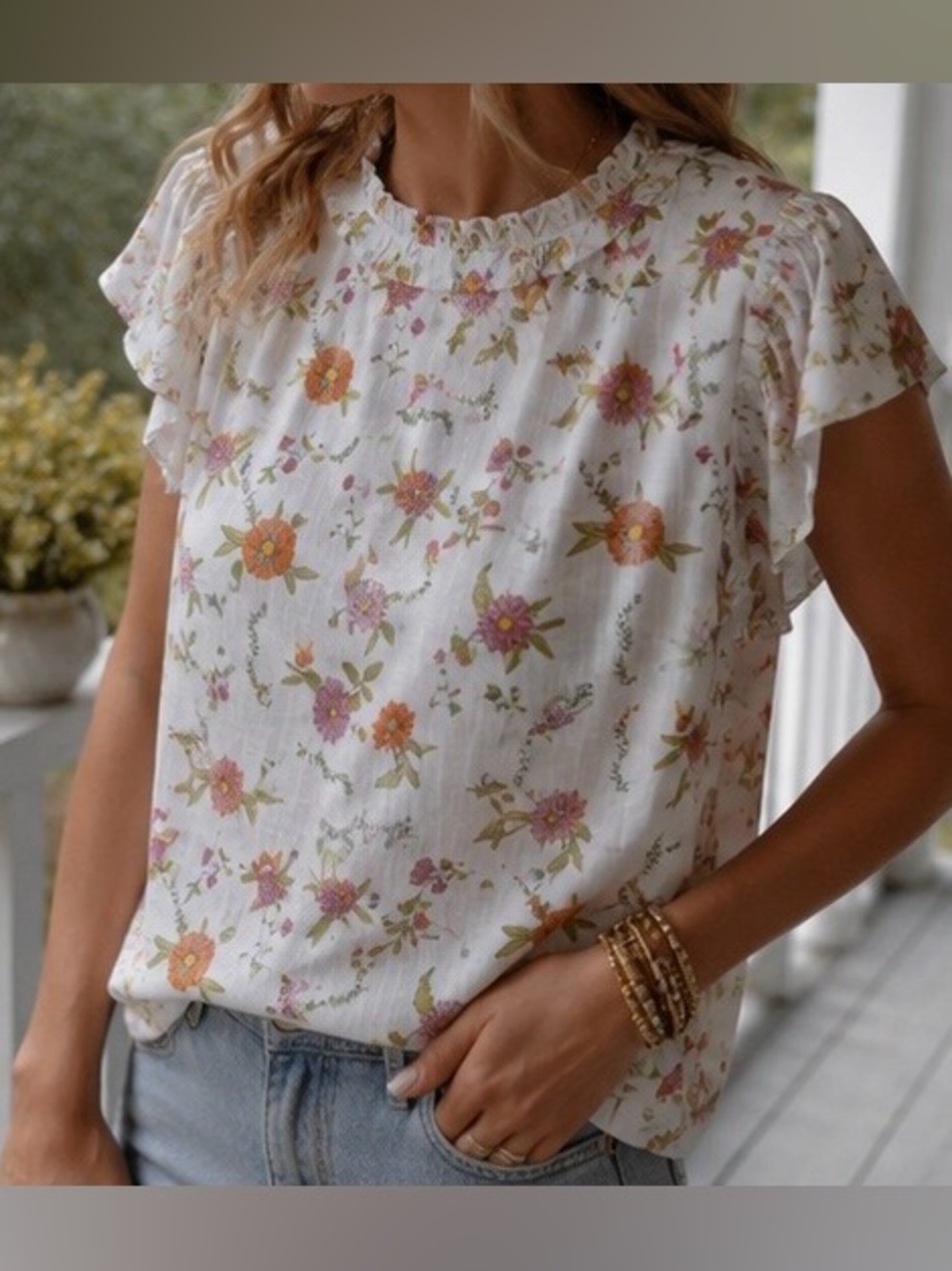 Cyrillus Paris Floral Ruffle Sleeve Top Sz. 44 (US 14)